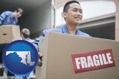 maryland map icon and movers unloading a moving van and carrying a fragile box