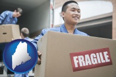 maine map icon and movers unloading a moving van and carrying a fragile box