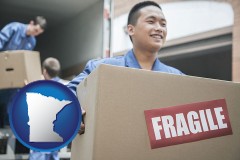 minnesota map icon and movers unloading a moving van and carrying a fragile box