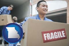 missouri map icon and movers unloading a moving van and carrying a fragile box