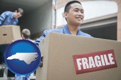 north-carolina map icon and movers unloading a moving van and carrying a fragile box