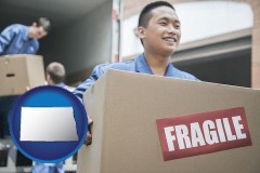 north-dakota map icon and movers unloading a moving van and carrying a fragile box