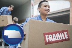 nebraska map icon and movers unloading a moving van and carrying a fragile box