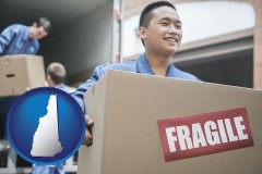 new-hampshire map icon and movers unloading a moving van and carrying a fragile box