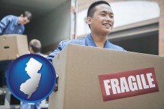new-jersey map icon and movers unloading a moving van and carrying a fragile box