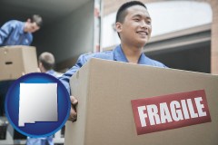 new-mexico map icon and movers unloading a moving van and carrying a fragile box