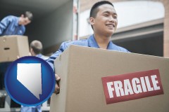 nevada map icon and movers unloading a moving van and carrying a fragile box