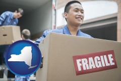 new-york map icon and movers unloading a moving van and carrying a fragile box