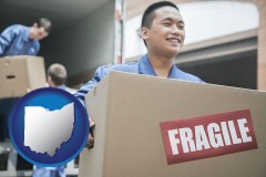 ohio map icon and movers unloading a moving van and carrying a fragile box