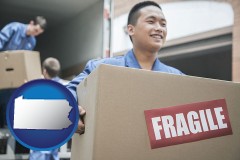 pennsylvania map icon and movers unloading a moving van and carrying a fragile box