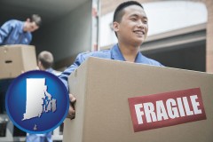 rhode-island map icon and movers unloading a moving van and carrying a fragile box