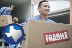 texas map icon and movers unloading a moving van and carrying a fragile box