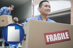 utah map icon and movers unloading a moving van and carrying a fragile box