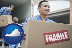virginia map icon and movers unloading a moving van and carrying a fragile box