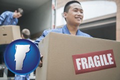 vermont map icon and movers unloading a moving van and carrying a fragile box