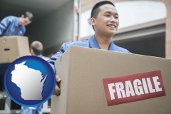 wisconsin map icon and movers unloading a moving van and carrying a fragile box