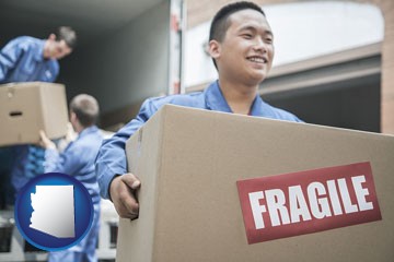 movers unloading a moving van and carrying a fragile box - with Arizona icon