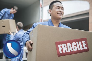 movers unloading a moving van and carrying a fragile box - with California icon