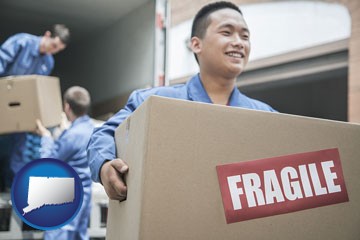 movers unloading a moving van and carrying a fragile box - with Connecticut icon