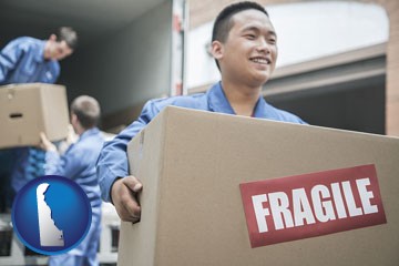 movers unloading a moving van and carrying a fragile box - with Delaware icon