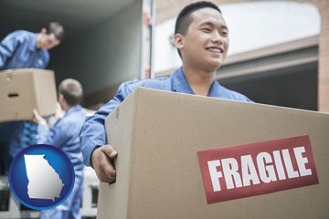 movers unloading a moving van and carrying a fragile box - with Georgia icon