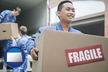 movers unloading a moving van and carrying a fragile box - with North Dakota icon