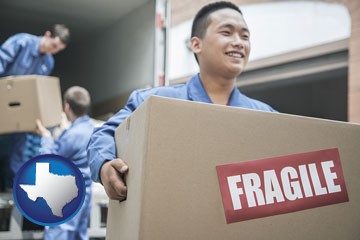 movers unloading a moving van and carrying a fragile box - with Texas icon
