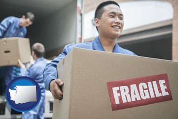 movers unloading a moving van and carrying a fragile box - with Washington icon