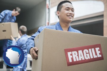 movers unloading a moving van and carrying a fragile box - with Wisconsin icon