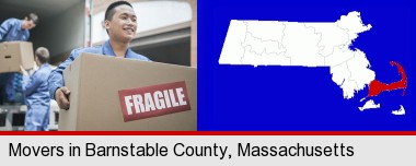 movers unloading a moving van and carrying a fragile box; Barnstable County highlighted in red on a map