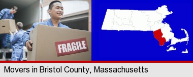 movers unloading a moving van and carrying a fragile box; Bristol County highlighted in red on a map