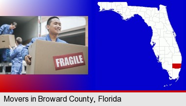 movers unloading a moving van and carrying a fragile box; Broward County highlighted in red on a map