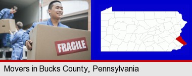 movers unloading a moving van and carrying a fragile box; Bucks County highlighted in red on a map