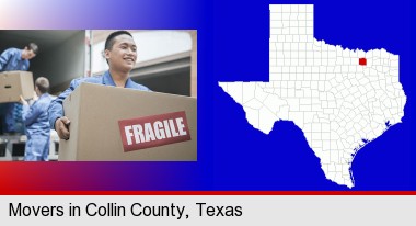 movers unloading a moving van and carrying a fragile box; Collin County highlighted in red on a map