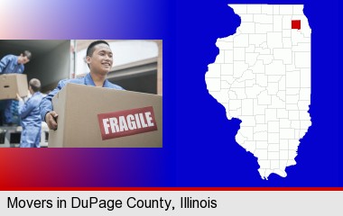 movers unloading a moving van and carrying a fragile box; DuPage County highlighted in red on a map