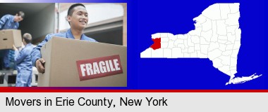 movers unloading a moving van and carrying a fragile box; Erie County highlighted in red on a map