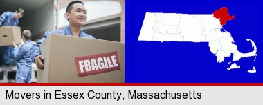 movers unloading a moving van and carrying a fragile box; Essex County highlighted in red on a map