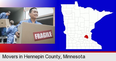 movers unloading a moving van and carrying a fragile box; Hennepin County highlighted in red on a map