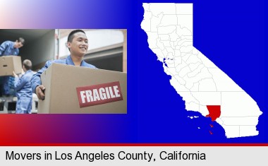 movers unloading a moving van and carrying a fragile box; Los Angeles County highlighted in red on a map