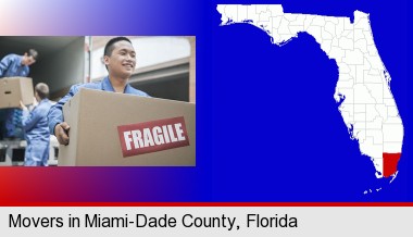 movers unloading a moving van and carrying a fragile box; Miami-Dade County highlighted in red on a map