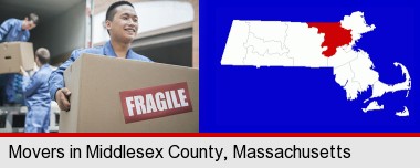 movers unloading a moving van and carrying a fragile box; Middlesex County highlighted in red on a map