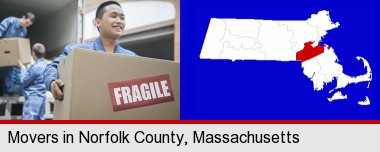 movers unloading a moving van and carrying a fragile box; Norfolk County highlighted in red on a map