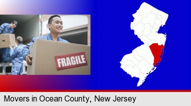movers unloading a moving van and carrying a fragile box; Ocean County highlighted in red on a map