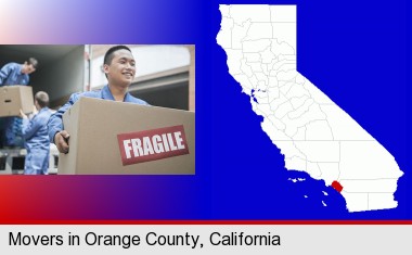 movers unloading a moving van and carrying a fragile box; Orange County highlighted in red on a map