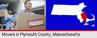 movers unloading a moving van and carrying a fragile box; Plymouth County highlighted in red on a map