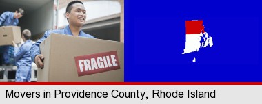 movers unloading a moving van and carrying a fragile box; Providence County highlighted in red on a map