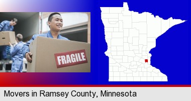 movers unloading a moving van and carrying a fragile box; Ramsey County highlighted in red on a map