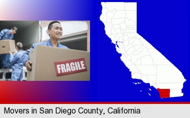 movers unloading a moving van and carrying a fragile box; San Diego County highlighted in red on a map