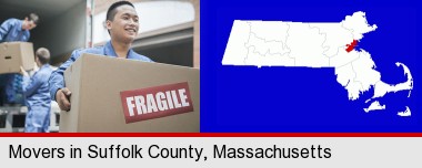 movers unloading a moving van and carrying a fragile box; Suffolk County highlighted in red on a map