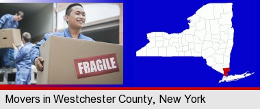 movers unloading a moving van and carrying a fragile box; Westchester County highlighted in red on a map